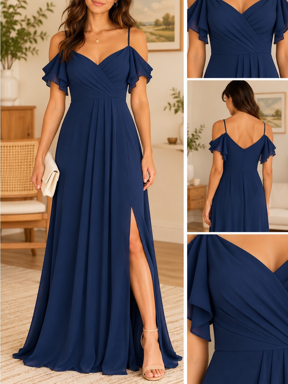 Off-Shoulder Navy Chiffon Maxi Dress
